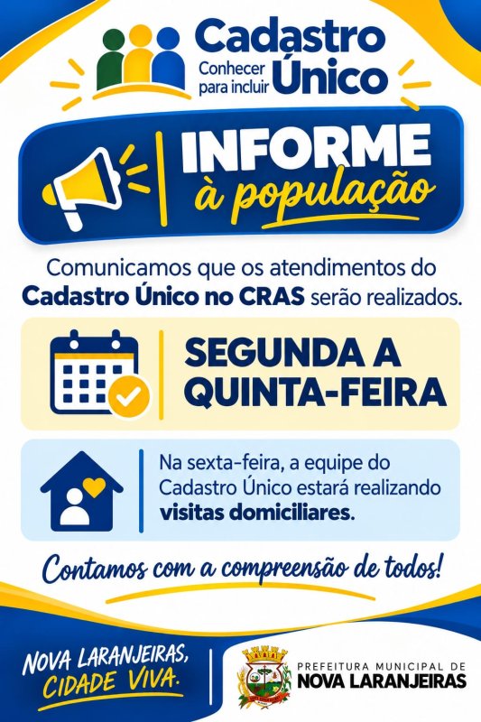 Novo horário de atendimento do Cadastro Único de Nova Laranjeiras 